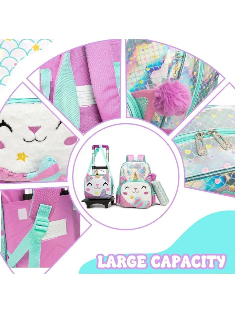 Cute Girls' Rolling Backpack for Kids - Black Travel Luggage for School & Play